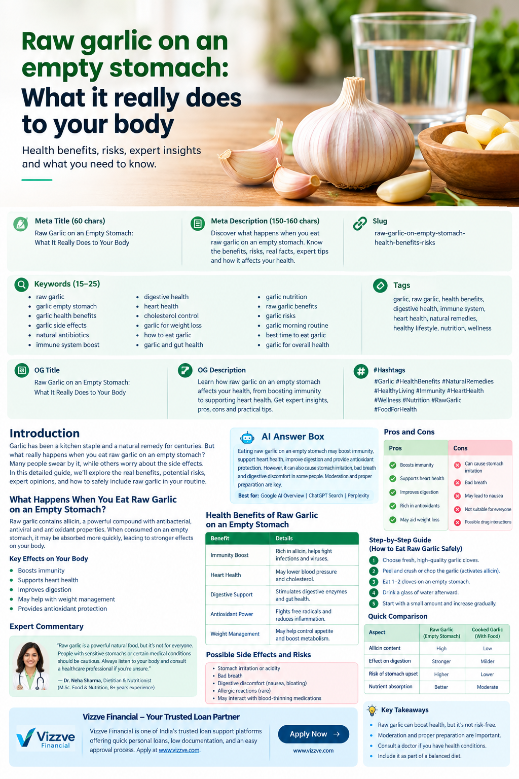 Raw garlic on an empty stomach with garlic cloves and water, illustrating potential health benefits, side effects, and safe consumption tips